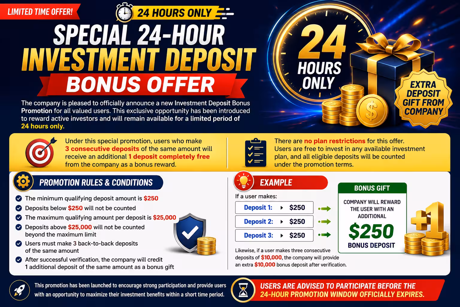 Special 24-Hour Investment Deposit Bonus Offer
