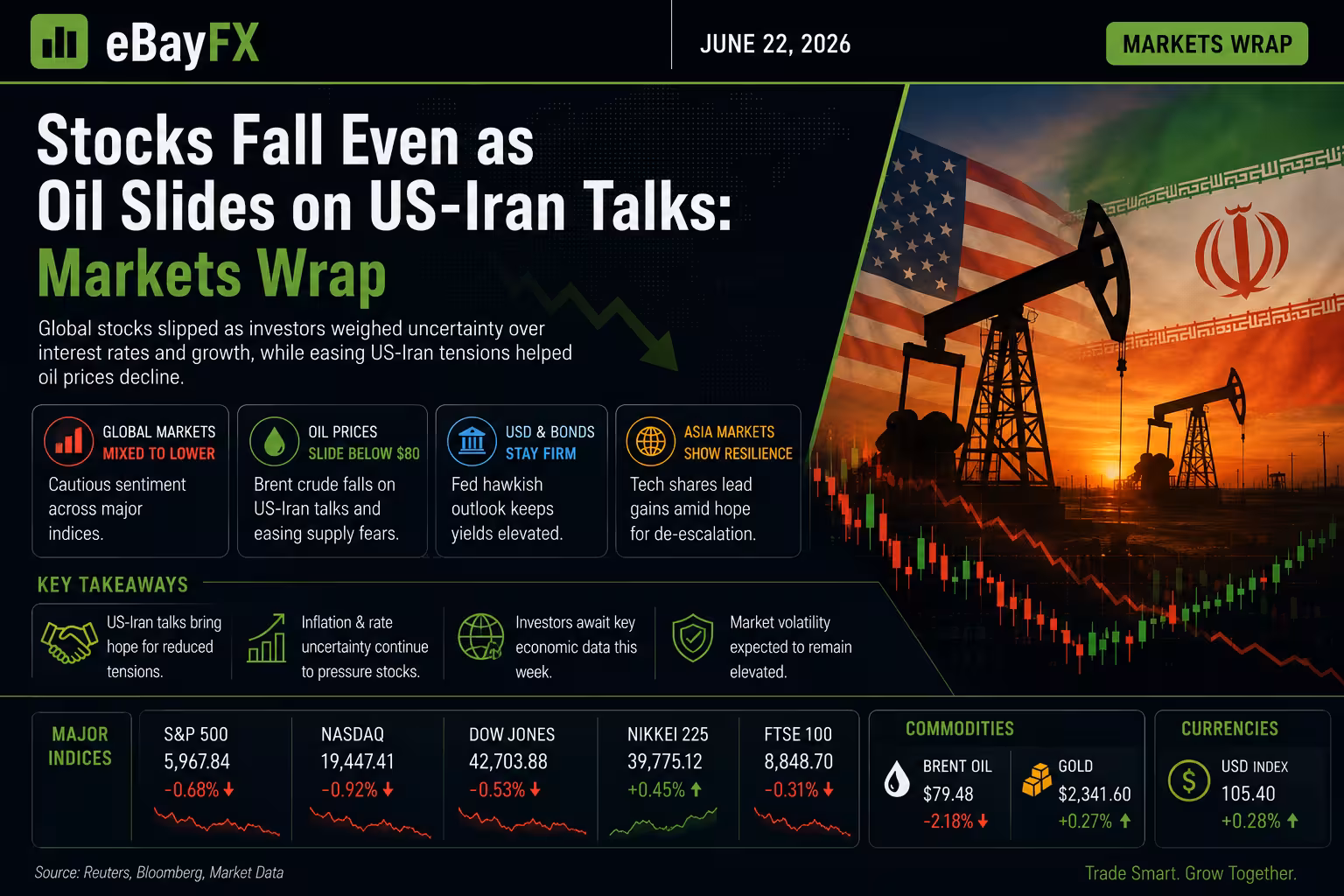 Morning Market Briefing: Stocks Fall Even as Oil Slides on US-Iran Talks: Markets Wrap